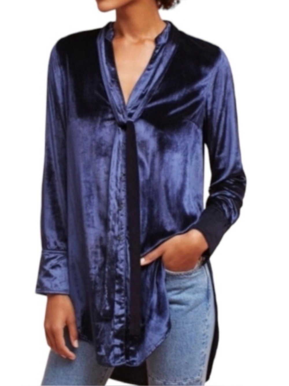 Maeve Deep Navy Velvet Tie-Neck Blouse